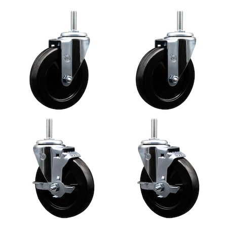 Service Caster 5 Inch Hard Rubber Wheel Swivel 58 Inch Threaded Stem Caster Set 2 Brakes SCC SCC-TS20S514-HRS-58212-2-TLB-2